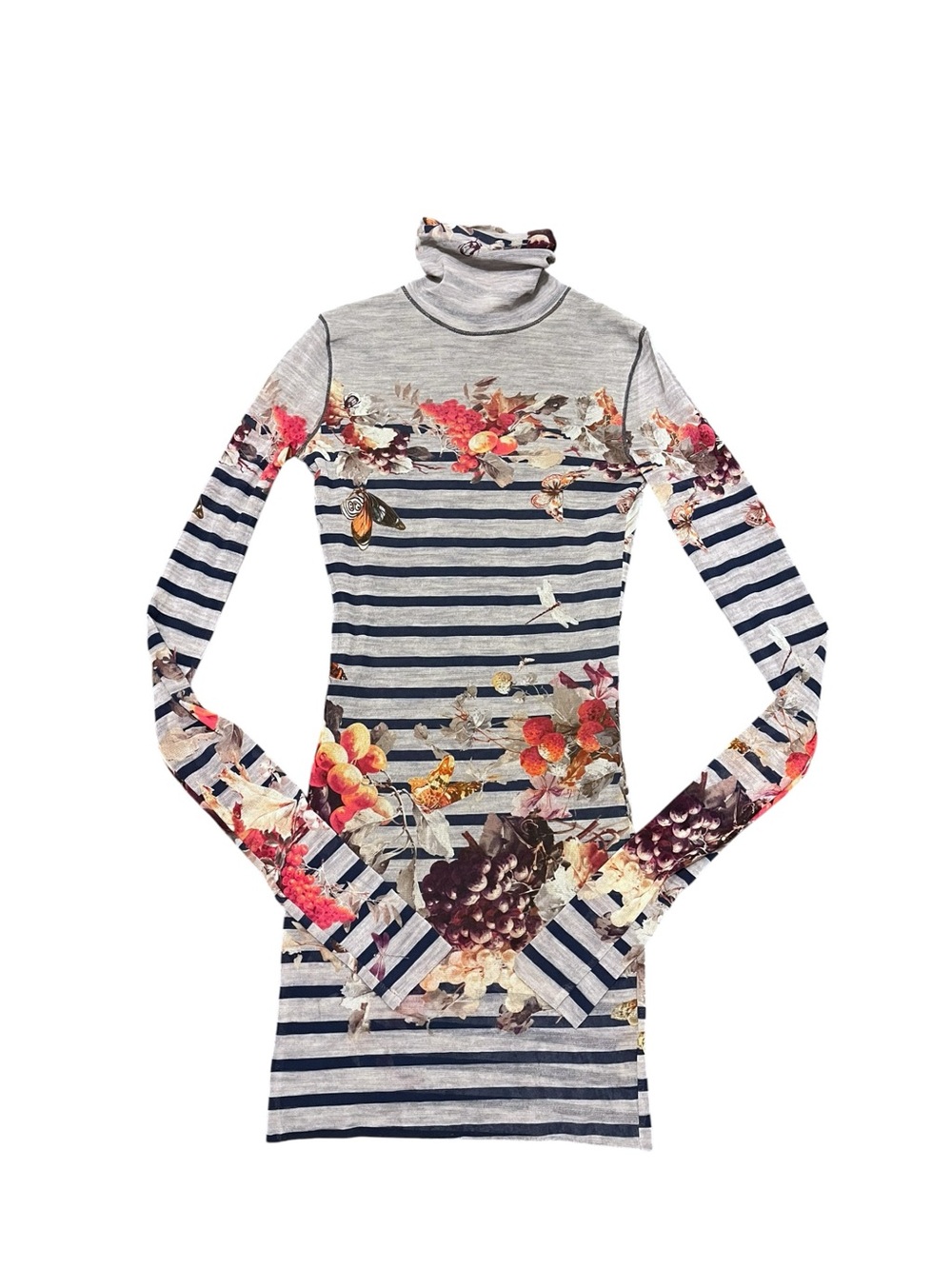 Vintage Jean Paul Gaultier Mesh Long Sleeve Top / Mini Dress Fruit Bug Leaf
